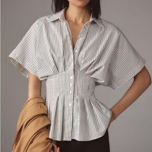 Anthropologie tobie White and Black Pinstripe Smocked-Waist Button Down